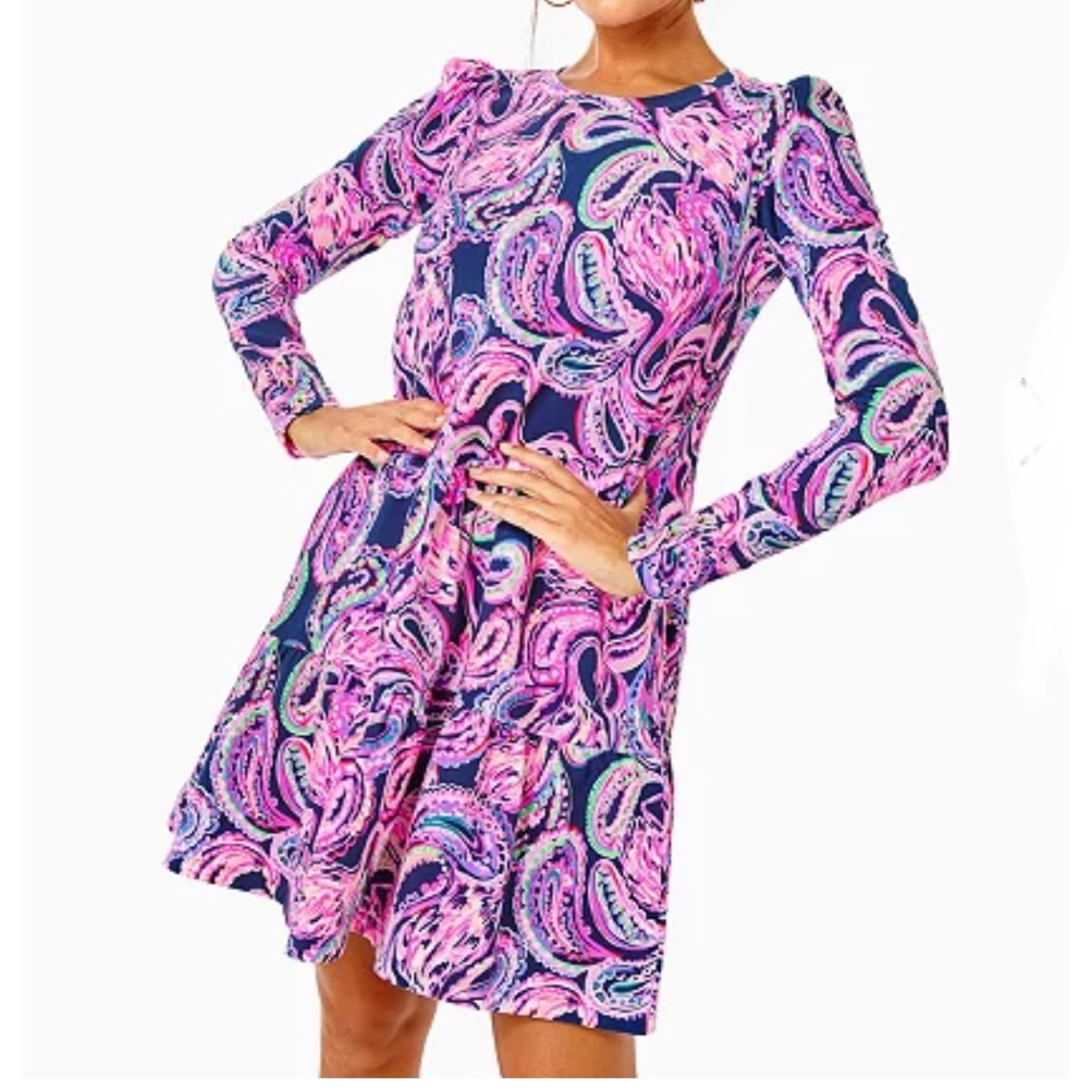 Lilly Pulitzer Arlette Print Upf 50+ Long Sleeve Swing Dress Sz L Brand New